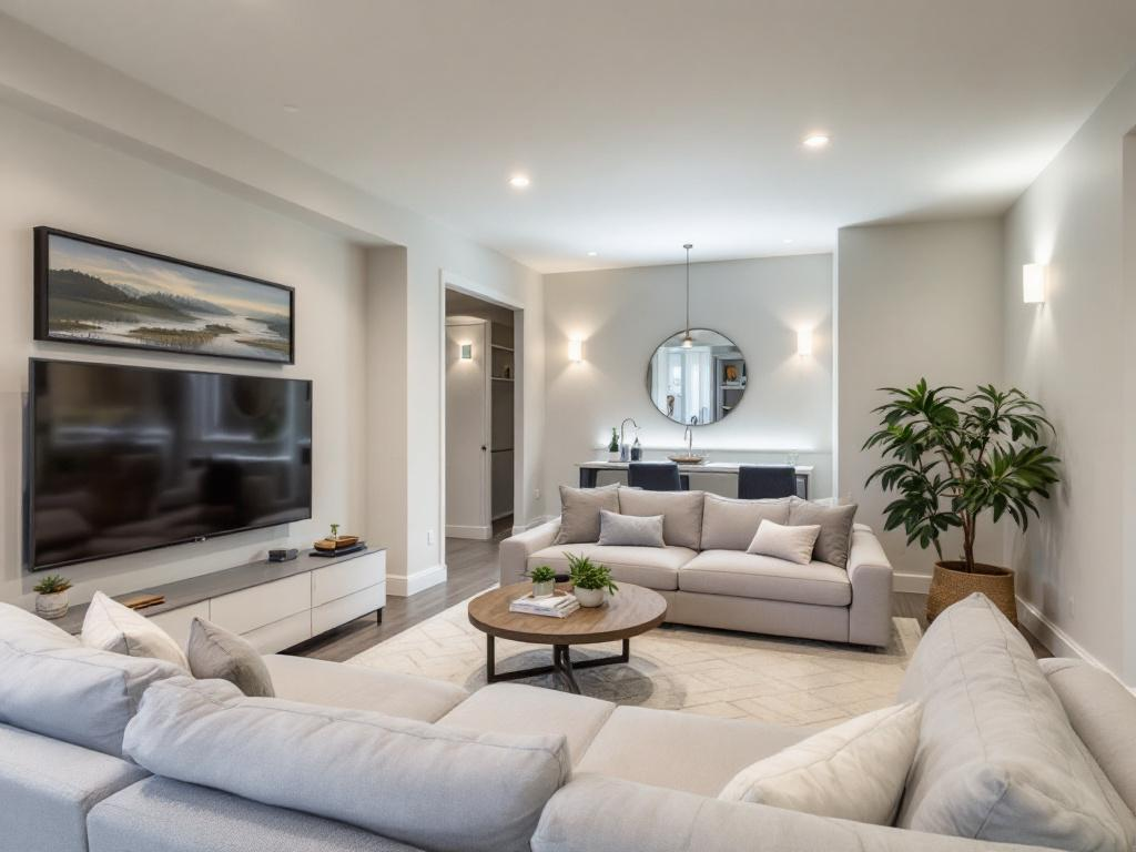 Before and after wide-shot of a basement renovated by a local company