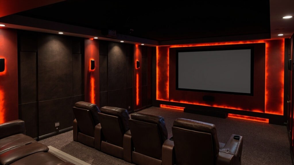 Luxury basement home theater room with leather recliner seats and large projection screen in a Boston home