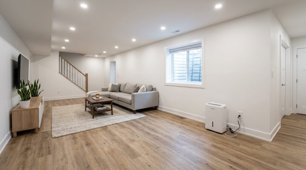 Finished basement family room with wood-look luxury vinyl plank flooring, recessed lighting, and a dehumidifier in the corner