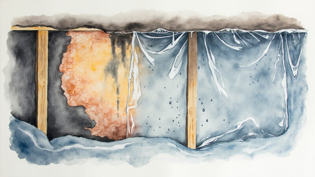 Illustration: a close-up of a basement wall cavity showing condensation forming on plastic sheeting behind drywall