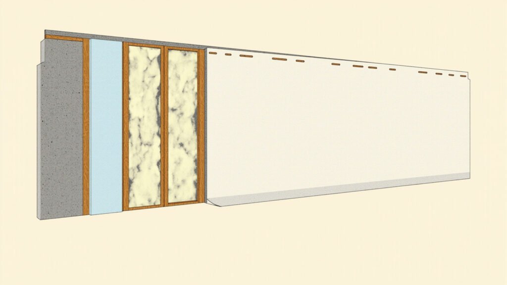 Illustration: a cross-section diagram of a basement wall showing concrete, rigid foam board, wood studs, fiberglass batts, and gypsum drywall with latex paint