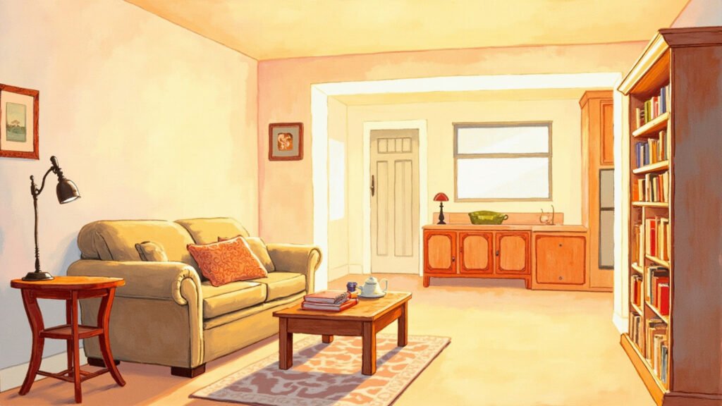 Illustration: a finished basement family room with drywall walls painted in a light color and warm lighting